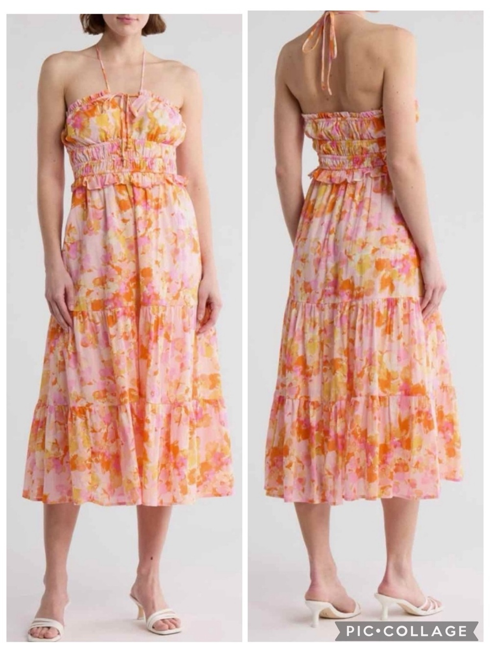 Lush Shirred Halter Midi Dress Pink Orange Floral S NWT